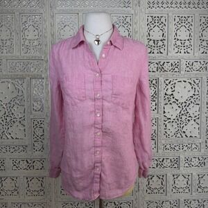 Talbots Linen Pink Button Up Collared Blouse Sz S Beachy Coastal Nautical